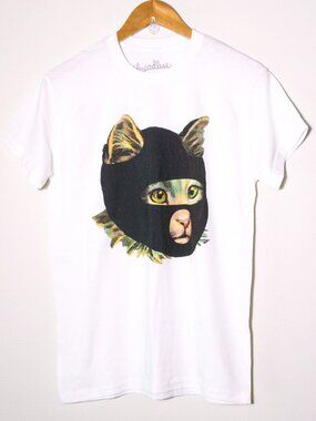 Threadless Nate Hissong Cat Wearing Balaclava Graphic Tee Size S